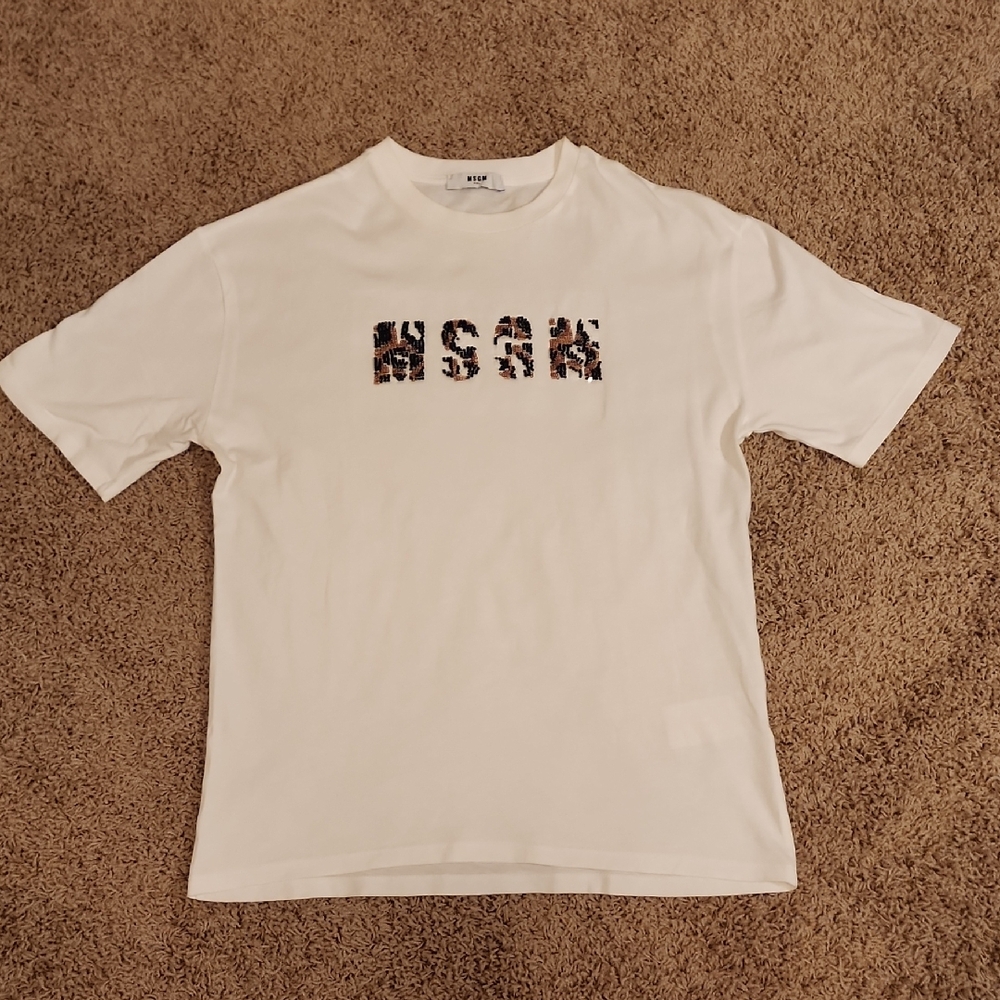 MSGM White Tee with Beaded Graphic Logo